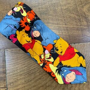 Disney Winnie the Pooh Tigger Eeyore Vintage Necktie Mens Black Multicolor Silk